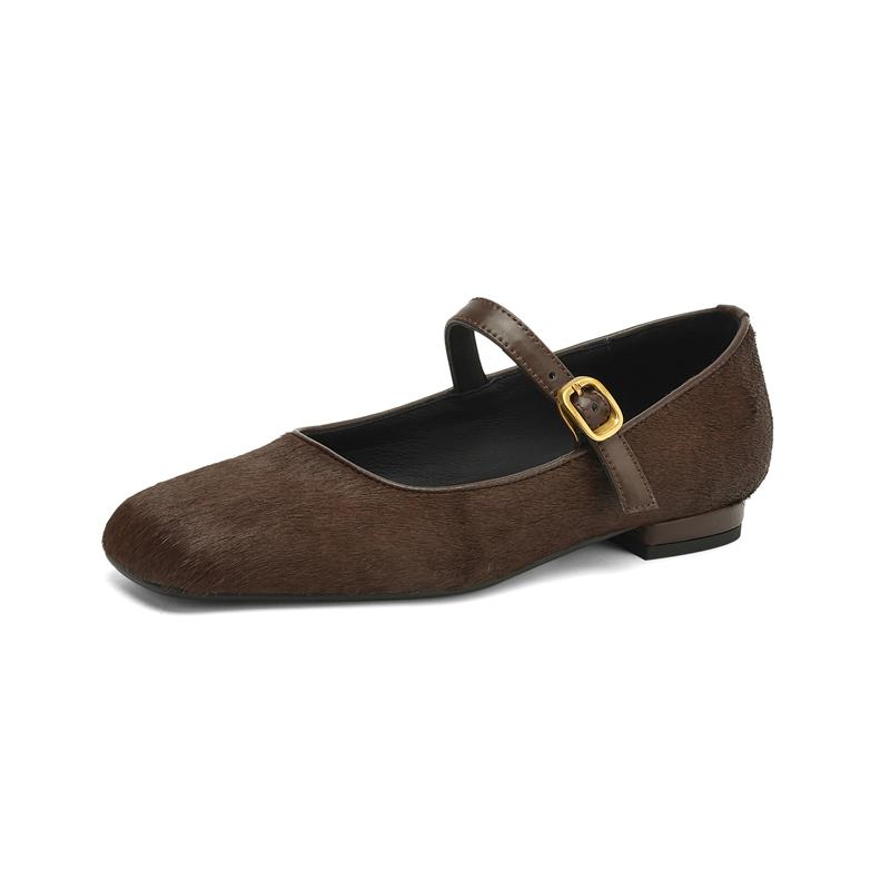 Fashion New women's genuine leather, cowhide, horsehair, square head metal belt buckle, low heel, plus size Mary Jane shoes, single shoe