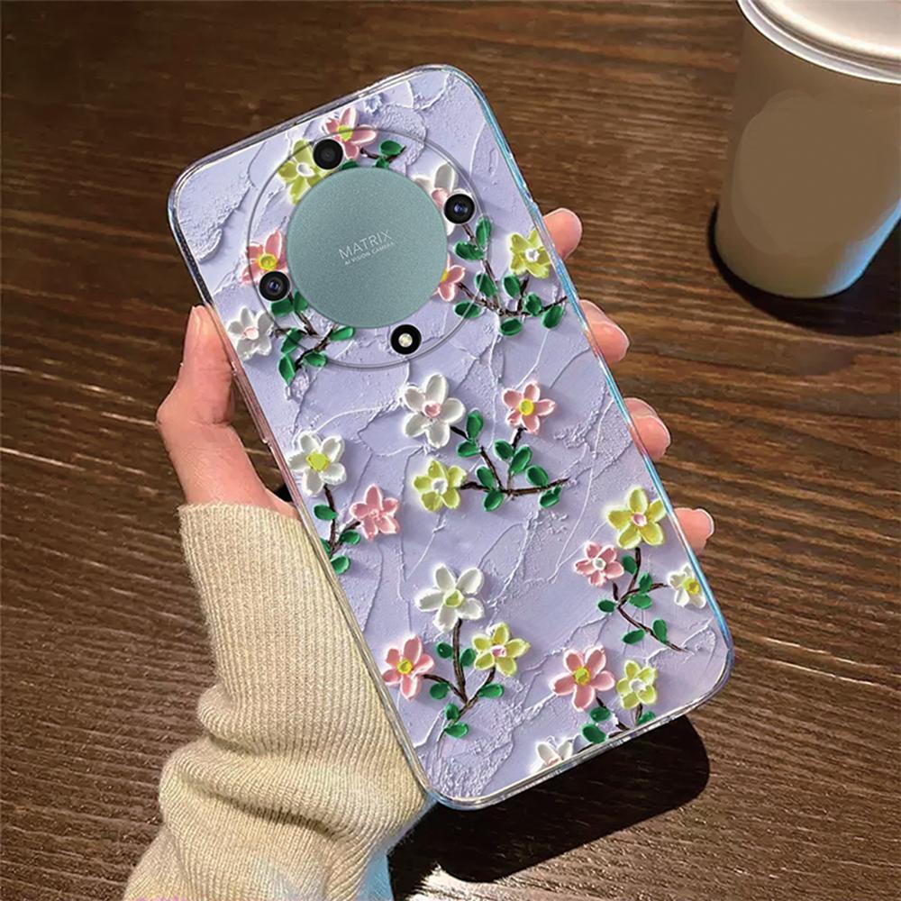 Rose Flower Lavender Oil Painting Phone Case For Honor X9c X9b X9a X8a X8b X8c X7a X7b X7c X6b X7c X7d Transparent Clear Cover