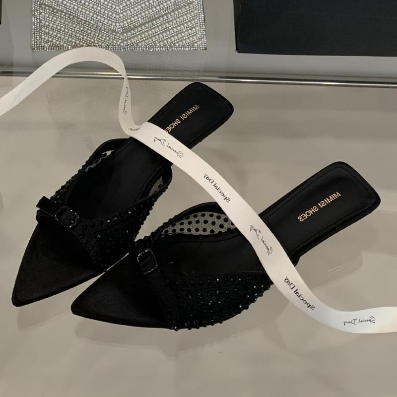 

Fashion Bling Rhinestone Thin Heel Design Bring Slipper Women Pointy Toe Kitten Heel Buckle Slide Sandal Elegant Comfort Zapato De Mujer 35 чёрный