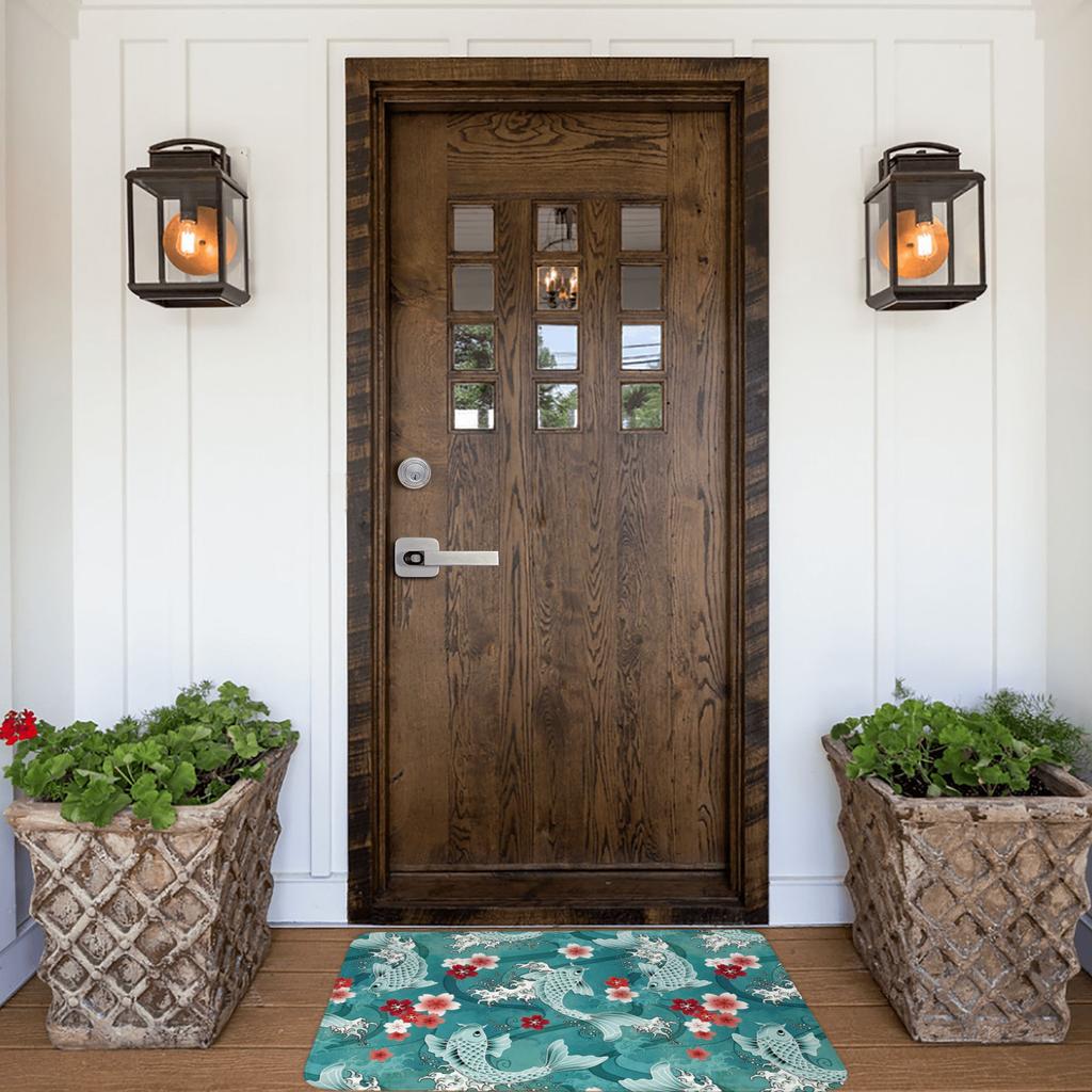 Koi Fish Sakura Blossom In Turquoise Doormat Mat Anti-Slip Cherry Flower Floral Kitchen Bath Garage Rug Carpet 40*60cm
