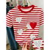 Red and White Striped Polka Dot Love Print Short-sleeved T-shirt Contrasting Color Crew Neck Sweet Top