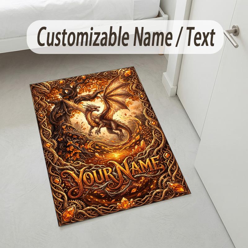 Dragon Phoenix Theme Crystal Velvet Rug Personalized Custom Name Text Soft Floor Mat Home Decor