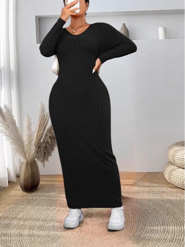 Women's Plus Size Ribbed Slim Fit V-Neck Long Sleeve Dress