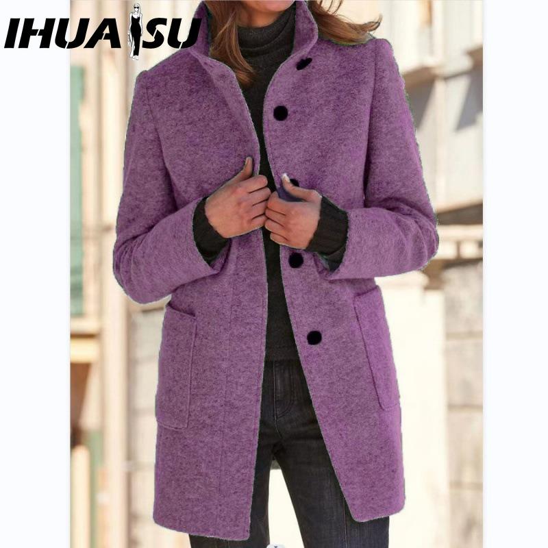 IHUASU Women's Vintage Casual Lattice Print Autumn Winter Long Sleeve POLO Neck Jackets & Coats