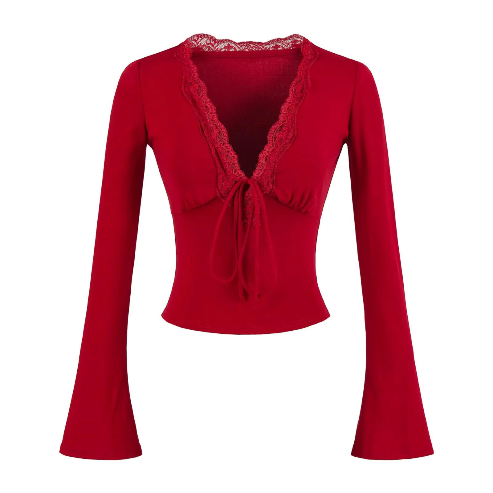 

Women s Slim Fit Lace V-neck Long Sleeve Knit Top with Chest Pads Large