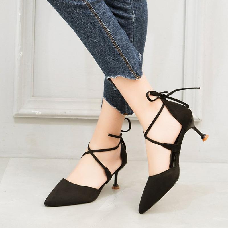 New stiletto high heels women's shallow mouth pointed head cross strap suede women's shoes fashion versatile fashion single shoes