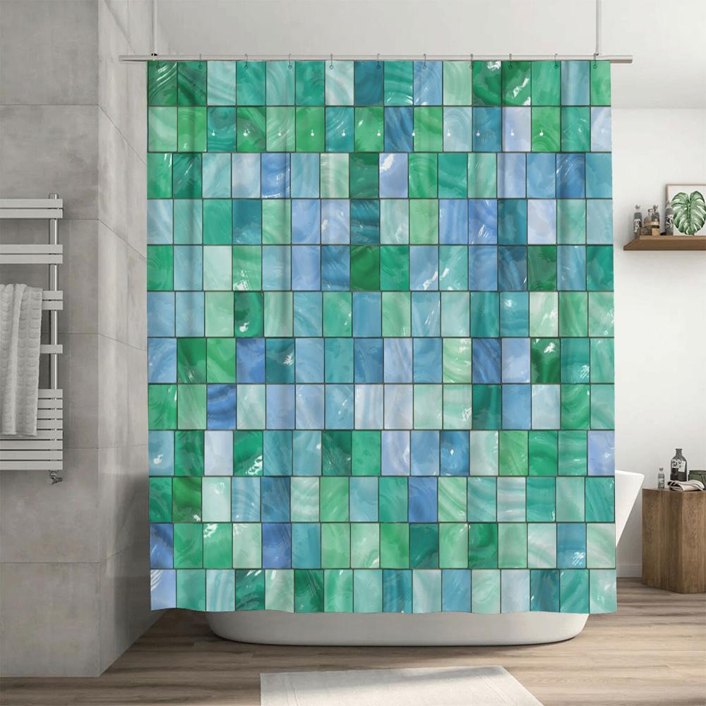 Green Blue Bath Mat Home Decor Shower Curtain Waterproof Fabric Bathroom Accessories For Bathtub Toilet Stickers Square Pattern