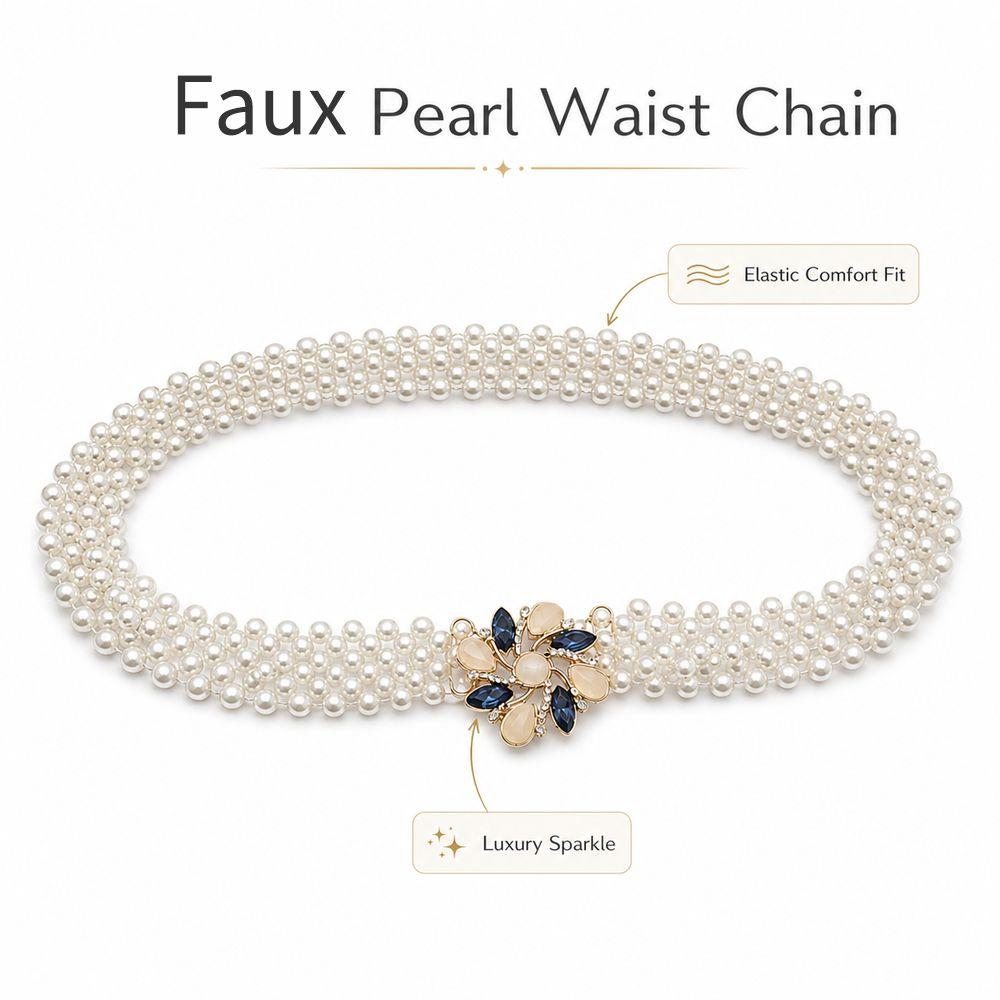 White Imitation Pearl Elastic Belt Metal Waist Chain New Beaded Belt Party Accessories