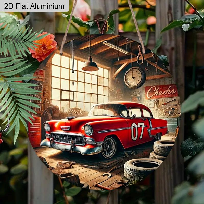 2D Flat Aluminum Vintage Car Garage Round Metal Sign, Classic Red Car with "07" Number Sign for Front Door, Pre-Drilled Holes for Easy Hanging