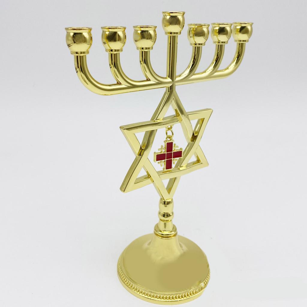 7 Branch Metal Menorah with Cross Pendant Vintage Hanukkah Candlestick Star of David Jewish Candle Holder Stand Ornament