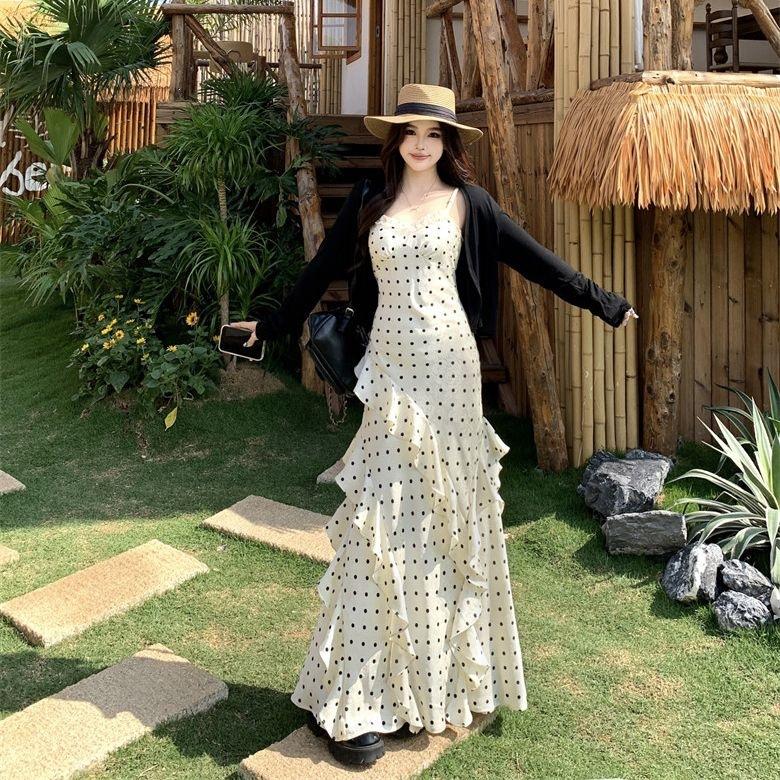 French Beautiful Polka Dot Suspender Dress Women's Gentle Wind White Ruffle Edge Waist Slim and Thin Temperament Long Dress