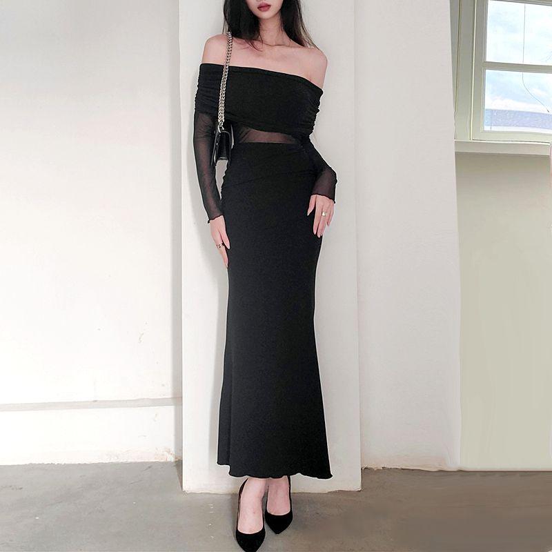 Goddess Temperament Sexy off-the-Shoulder Skinny Sheath Fishtail Dress Sexy Mesh Midriff Outfit Long Sleeves Dress Female Autumn