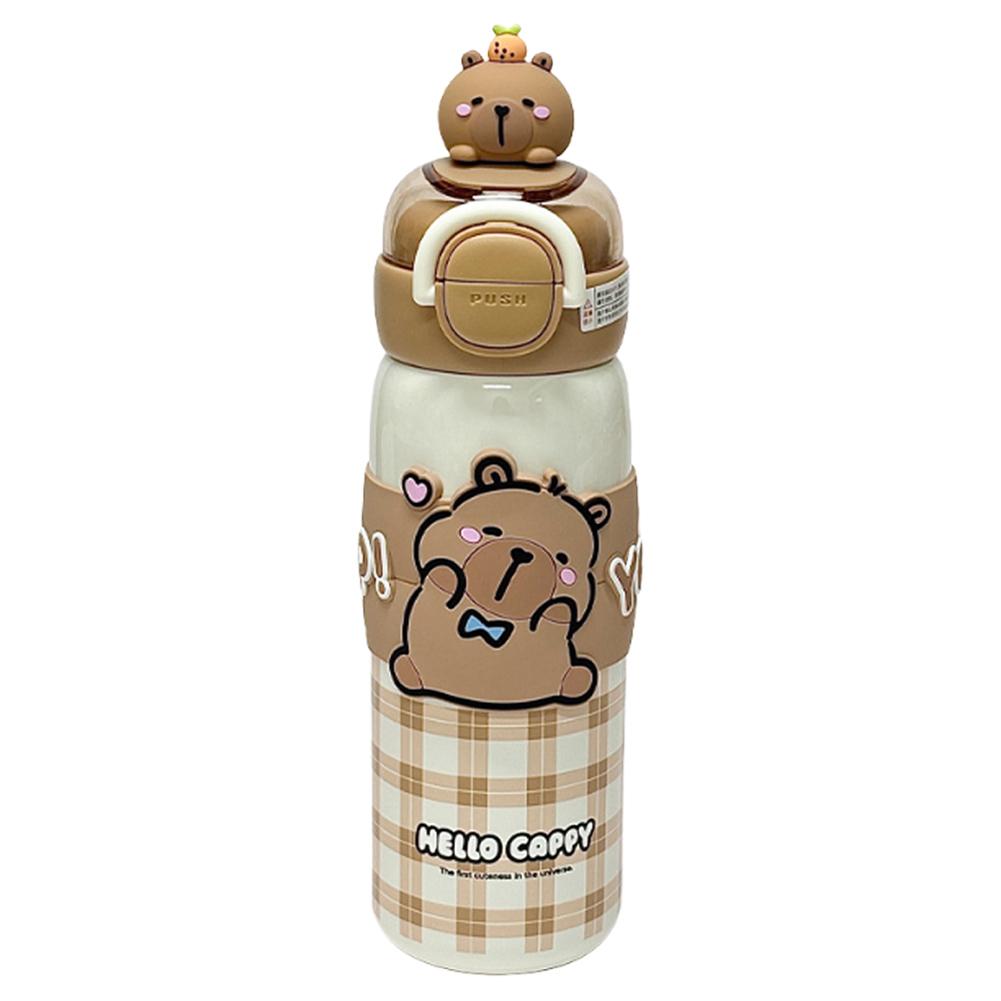 

520 мл Аниме Бутылка для воды Капибара с крышкой и силиконовой соломинкой для мальчиков, девочек, подарки светло-коричневого