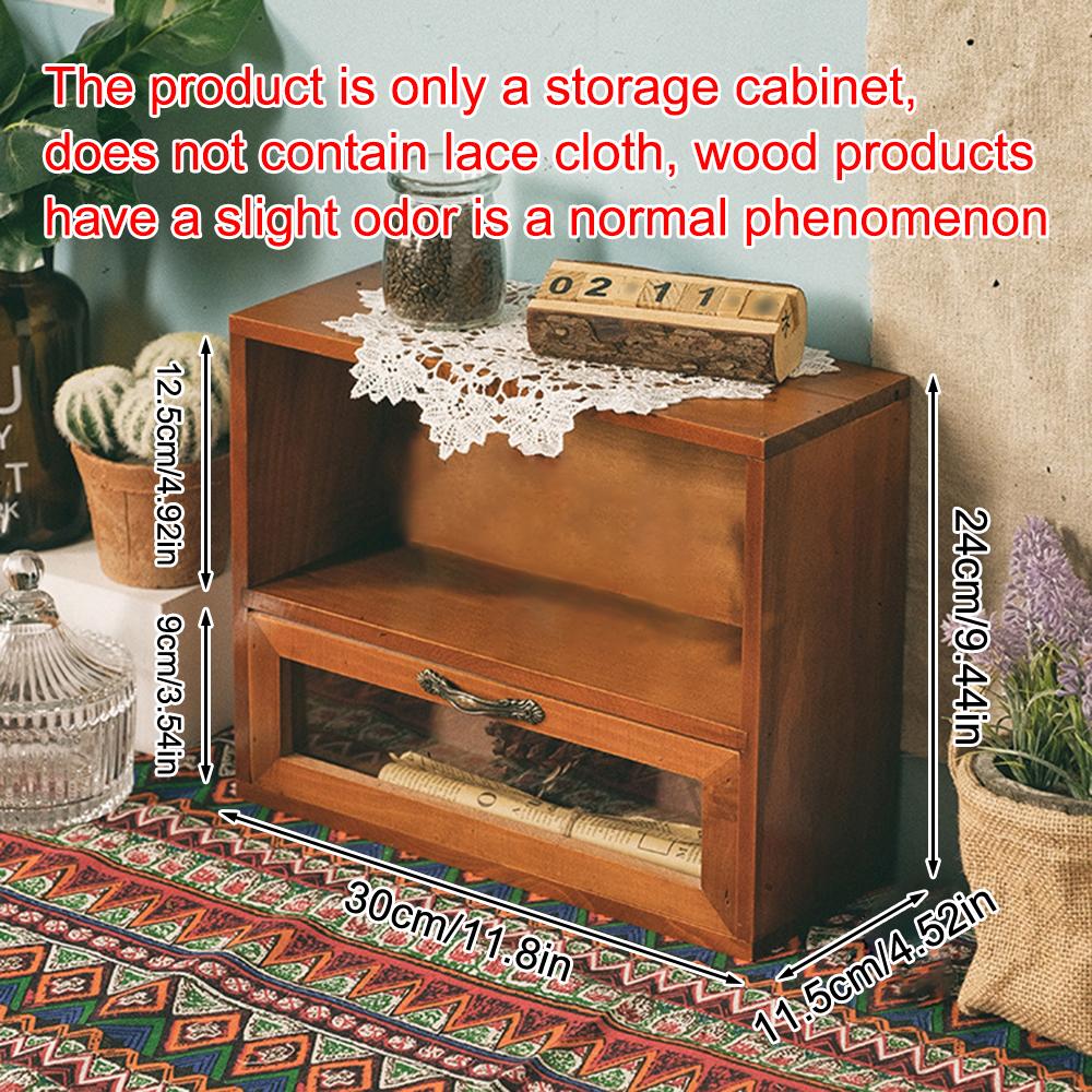 1PC Solid Wood Vintage Double Door Display Cabinet Sundry Cosmetics Drawer Wooden Desktop Storage Box