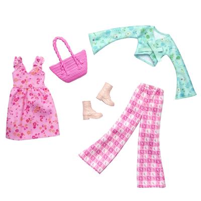 Barbie Fashion 2 Pack Flower Dress and Pants Style Set Dress Up Doll House Doll Clothes & Accessories Set Ages 3 and Up Pink HRH43