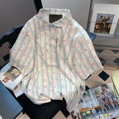 Japanese Striped Short Sleeved Shirt Women Korean Version Loose Simple Ladies Clothing Summer Retro Single Breasted Top