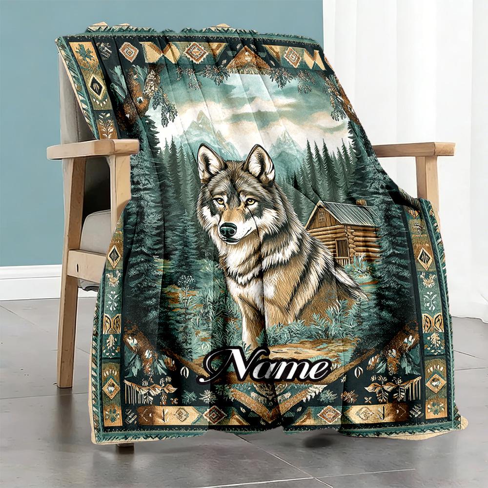 Wolf Cabin Customize Text Blanket Cozy Customizable Blanket Soft Warm Cozy Perfect for Picnics Couch Seaside Office Ideal for All Seasons