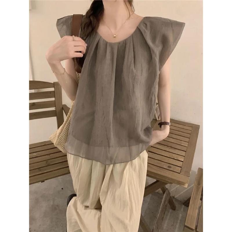 Women's Coffee Fly Sleeve Loose Fit Casual Top Elegant Chiffon Blouse