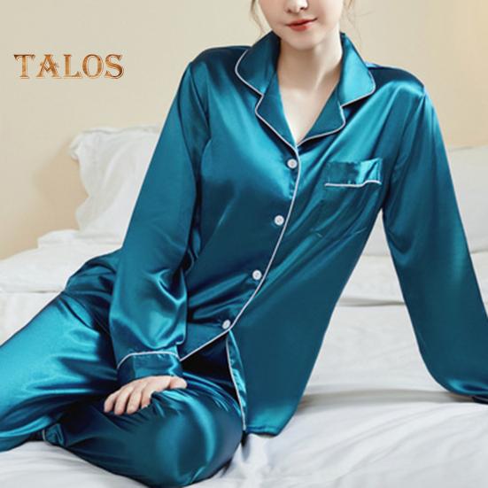 2-teiliges Pyjama-Set aus Satin, einreihig, Strickjacke, V-Ausschnitt, Reverskragen, einfarbiges Hemd, weite Hose, lockere Hose, Nachtwäsche