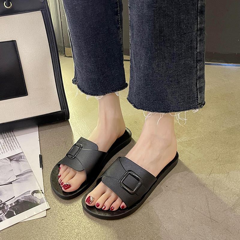 

Новые летние женские тапочки для дома, однотонные сандалии с круглым носком и одним символом, повседневные простые студенческие тапочки на плоской подошве для улицы 36 чёрный