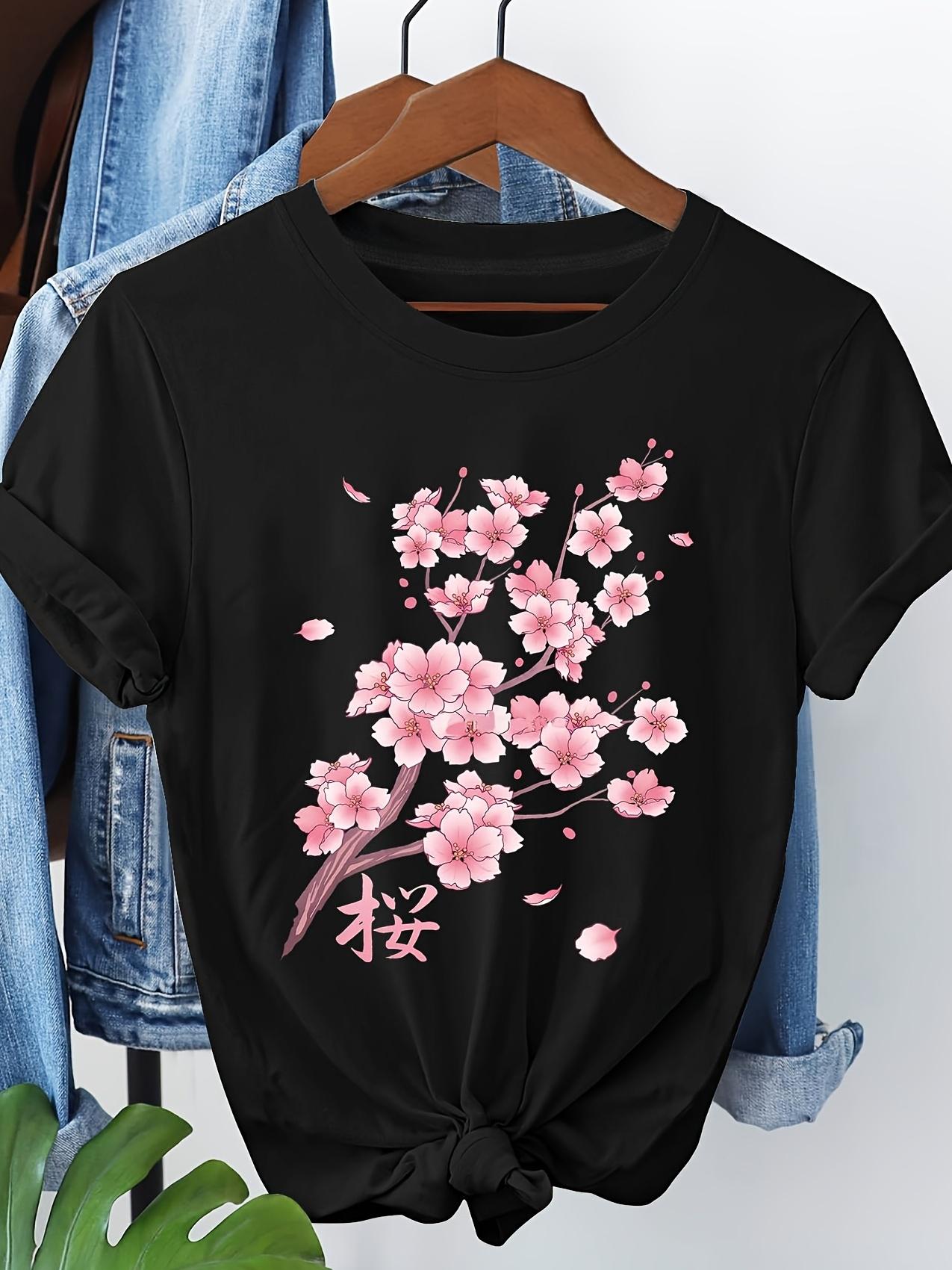 Women S Short-Sleeve T-Shirt with a Cherry Blossom Print Design S разноцветный