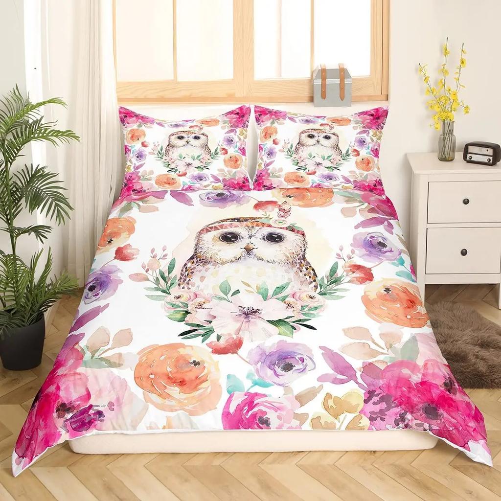 Comforter Cartoon Owl Cute Kawaii Animals For Kids Girls Bedding Set King Queen Single Twin Size Polyester Comforter