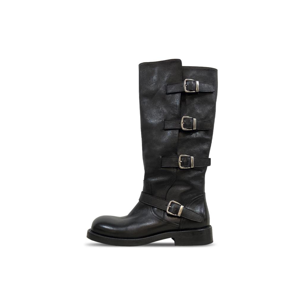 Cowhide Version~ Retro Long Boots Women's Thick Heel Belt Buckle High Black Boots Versatile Leather Pleated Trouser Tube Boots