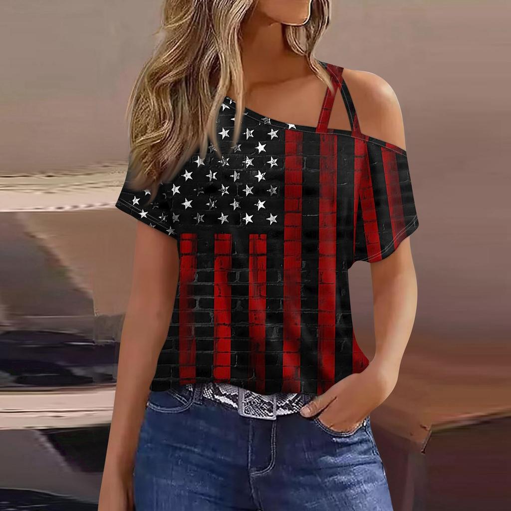 Women's Fashion Casual Independence Day Print Sexy Cold Shoulder Short Sleeve T-shirt Top