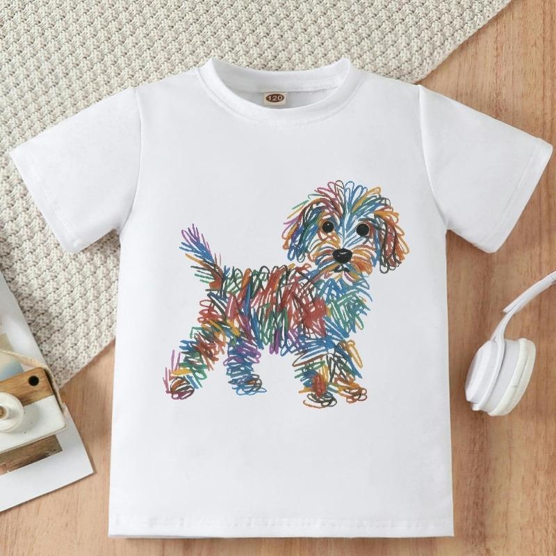 Girls Color Pencil Rainbow Puppy Graphic Crewneck Short Sleeve Tee