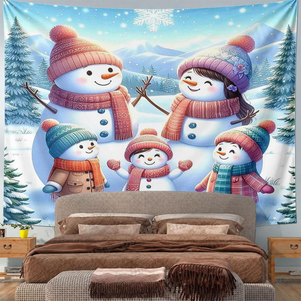 "Family of Snowmen In Winter Wonderland" Pattern Wall Hanging Tapestry Decorative Tapestry Home Decor for Bedroom and Living Room
