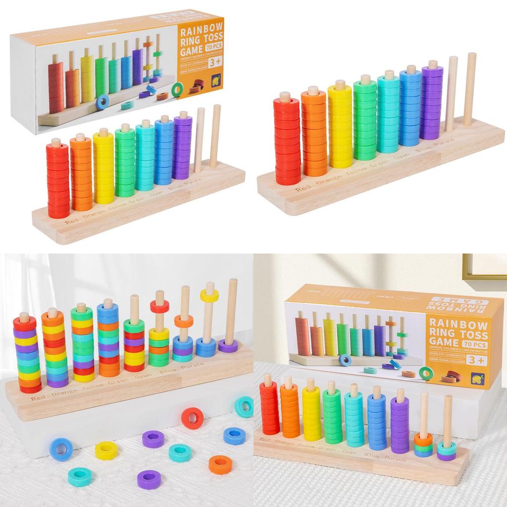 Wooden Rainbow Ferrule Game For Childrens Color Recognition And Handeye Coordination Development