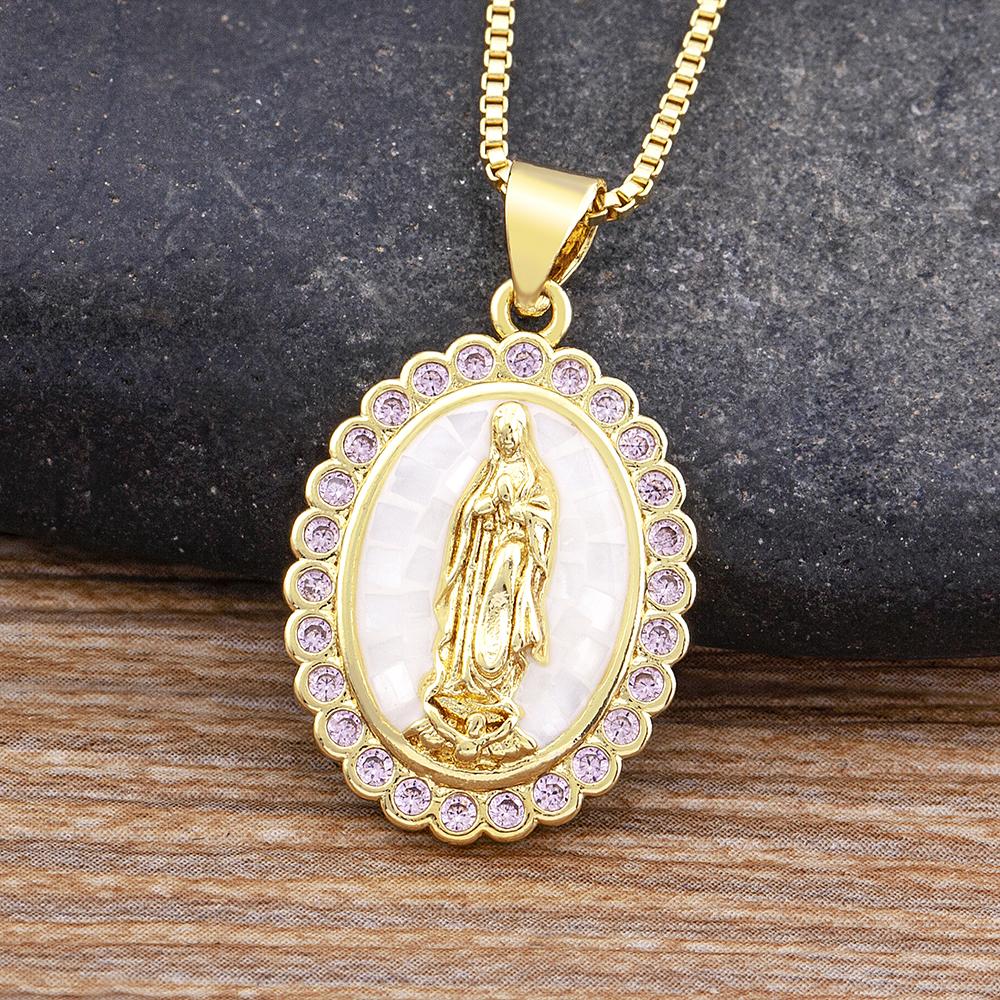 

Nidin Top Quality Geometric Virgin Mary 4 Colors Shell Rhinestone Pendant Zircon Necklace Unisex Religious Jewelry Retro Gift білий