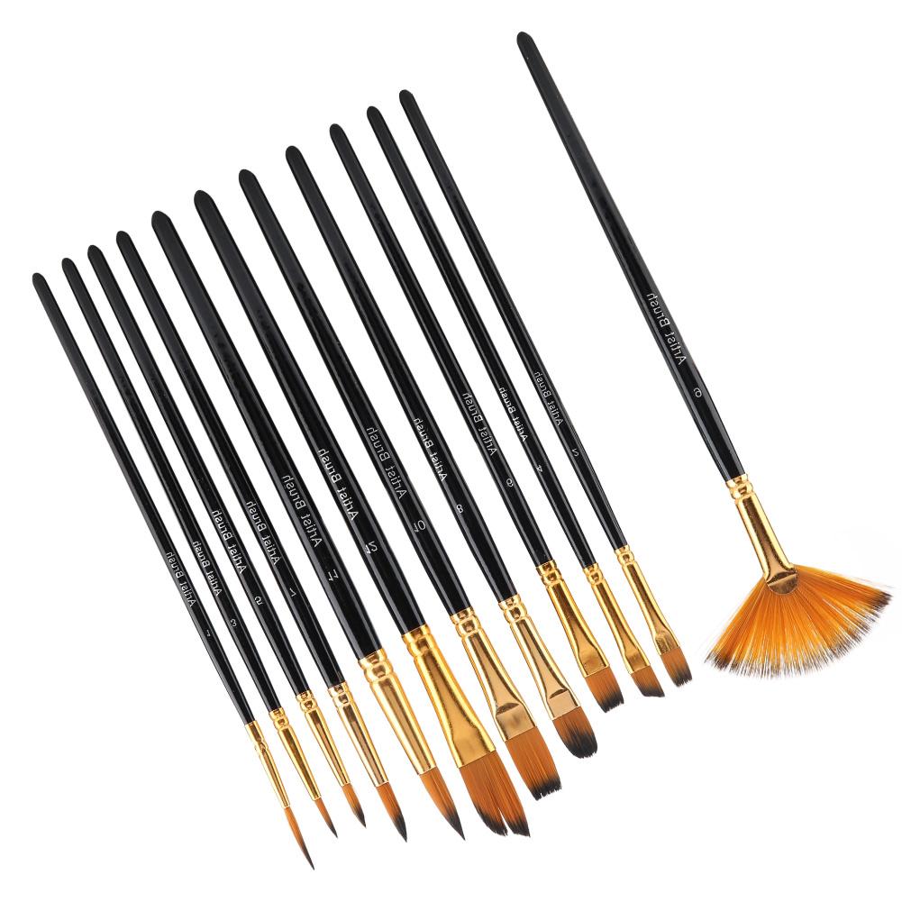 12pcs Black Wooden Pole Nylon Hair Paint Brush Set Art Craft Painting Watercolor Brush Kit