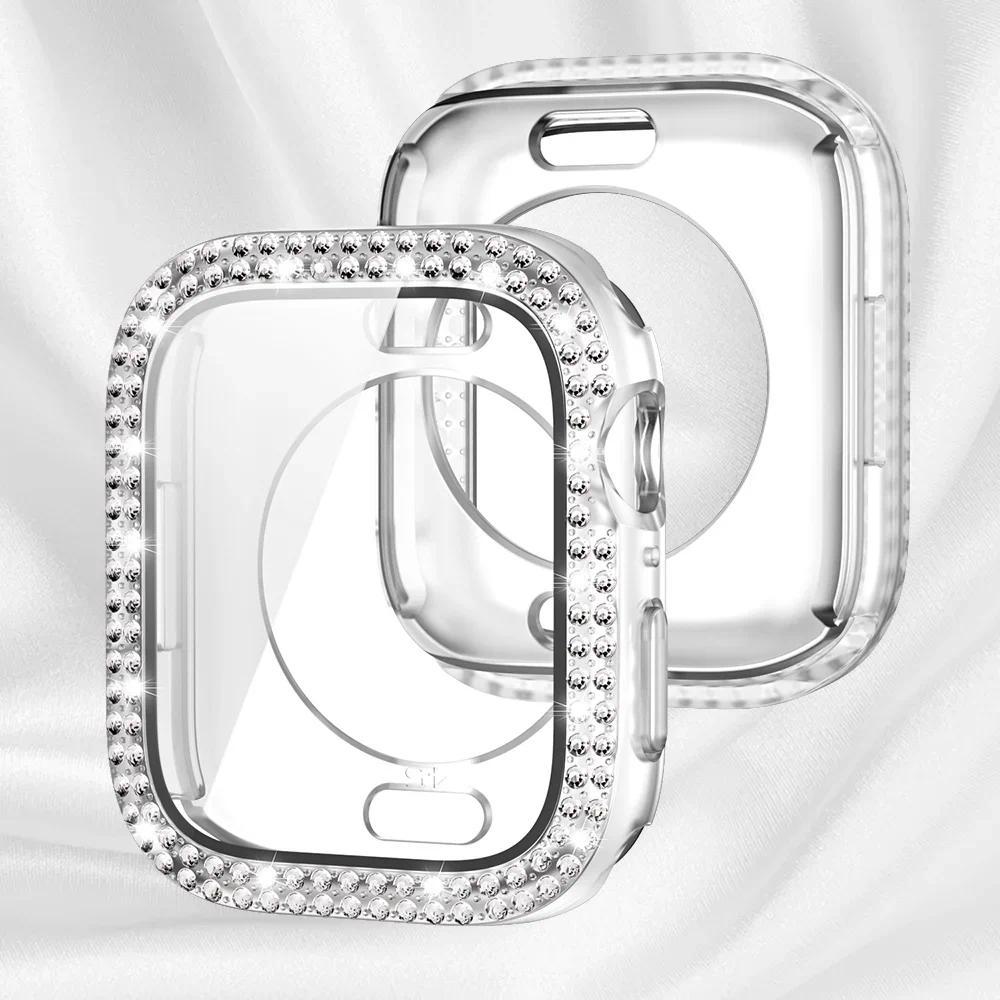 Bling Glass+Cover for Apple Watch Case 49mm 46 42 45 41 40 44mm Diamond Bumper+Screen Protector Iwatch Series 11 10 9 8 7 6 5 SE
