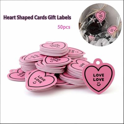 50pcs Heart Shaped Cards Valentine's Day Tags Hanging Decoration DIY Crafts Cake Decor Tag Pink Paper Hand Gift Hanging Tag