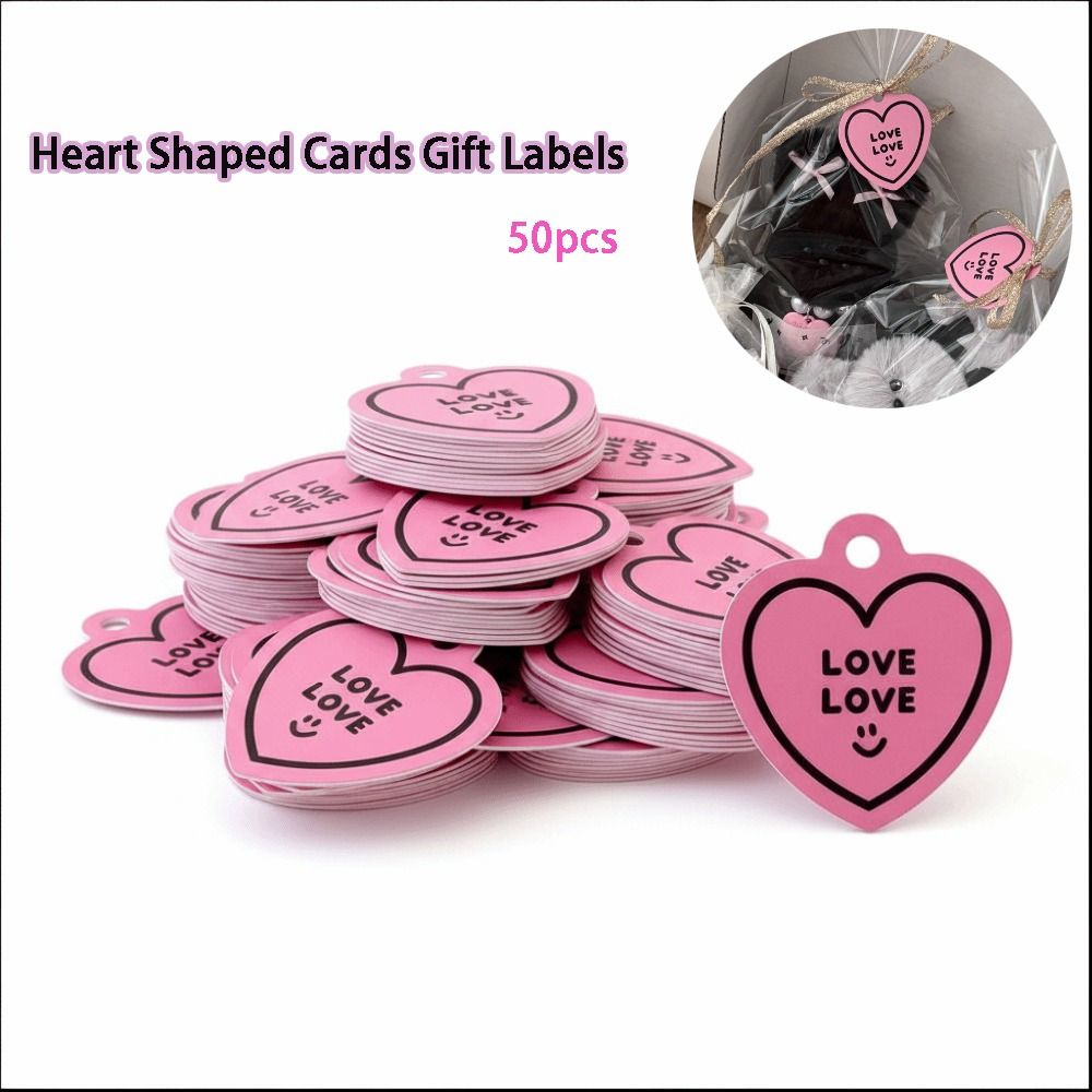 50pcs Heart Shaped Cards Valentine's Day Tags Pink Paper Hanging Decoration Cake Decor Tag DIY Crafts Packaging Decoration Tags