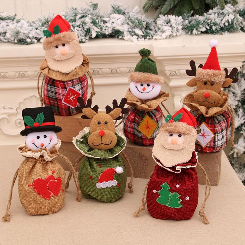 Festive 3D Burlap Apple Bag with Bells - Drawstring Gift & Candy Bag
