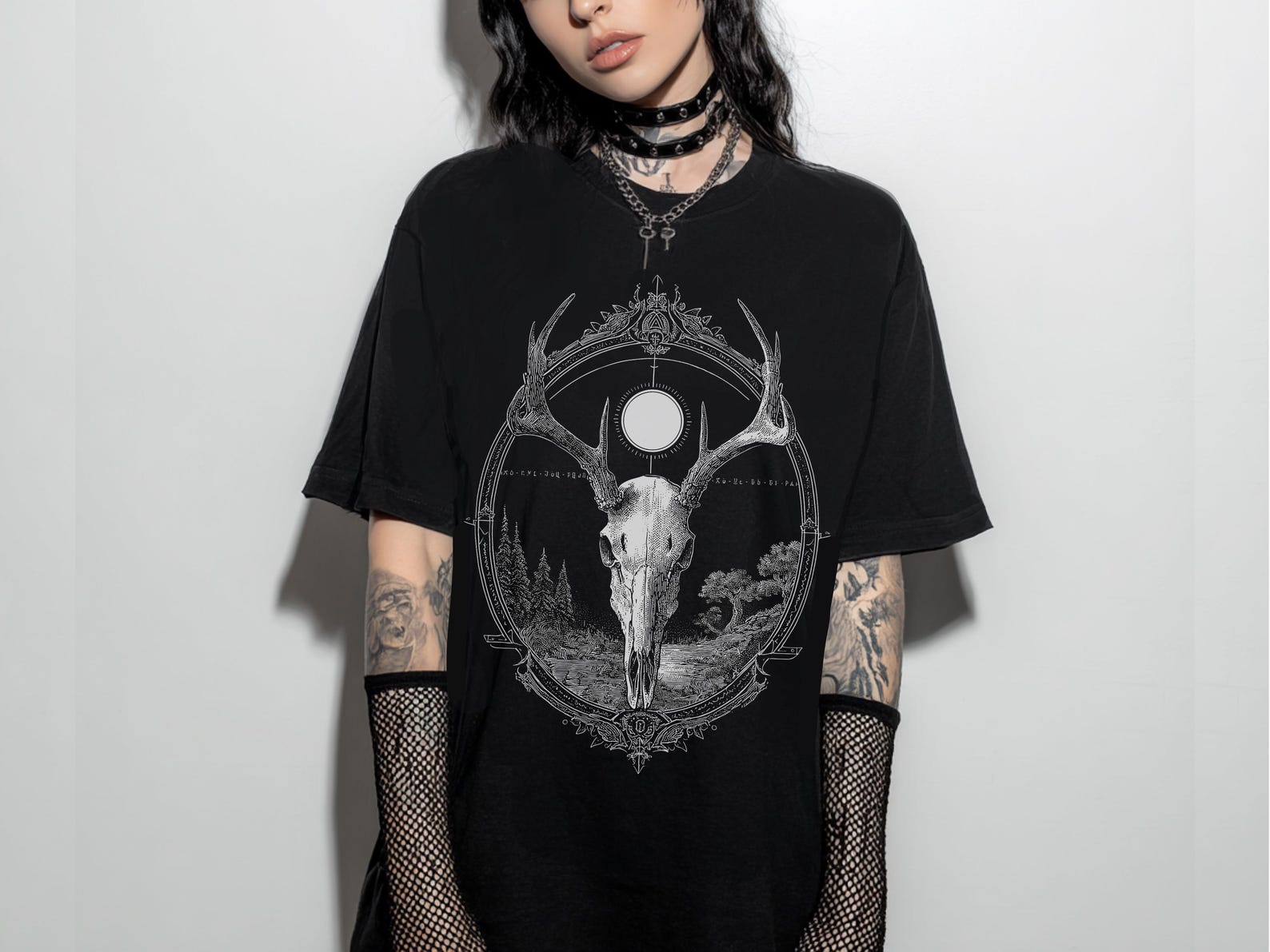 Unisex Deer Skull Gothic Graphic T-Shirt, Pastel Goth Witchy Moon Shirt, Emo Whimsigoth Clothing, Dark Cottagecore Top, Goth Gift For Her 2XL