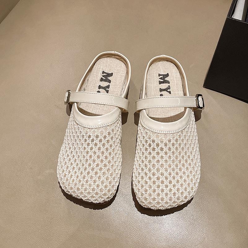 Korean Version Mesh Hollow Slippers Female Summer 2025 New Fairy Style Temperament Shallow Mouth Flat Bottom Sandals Fishing Net Shoes