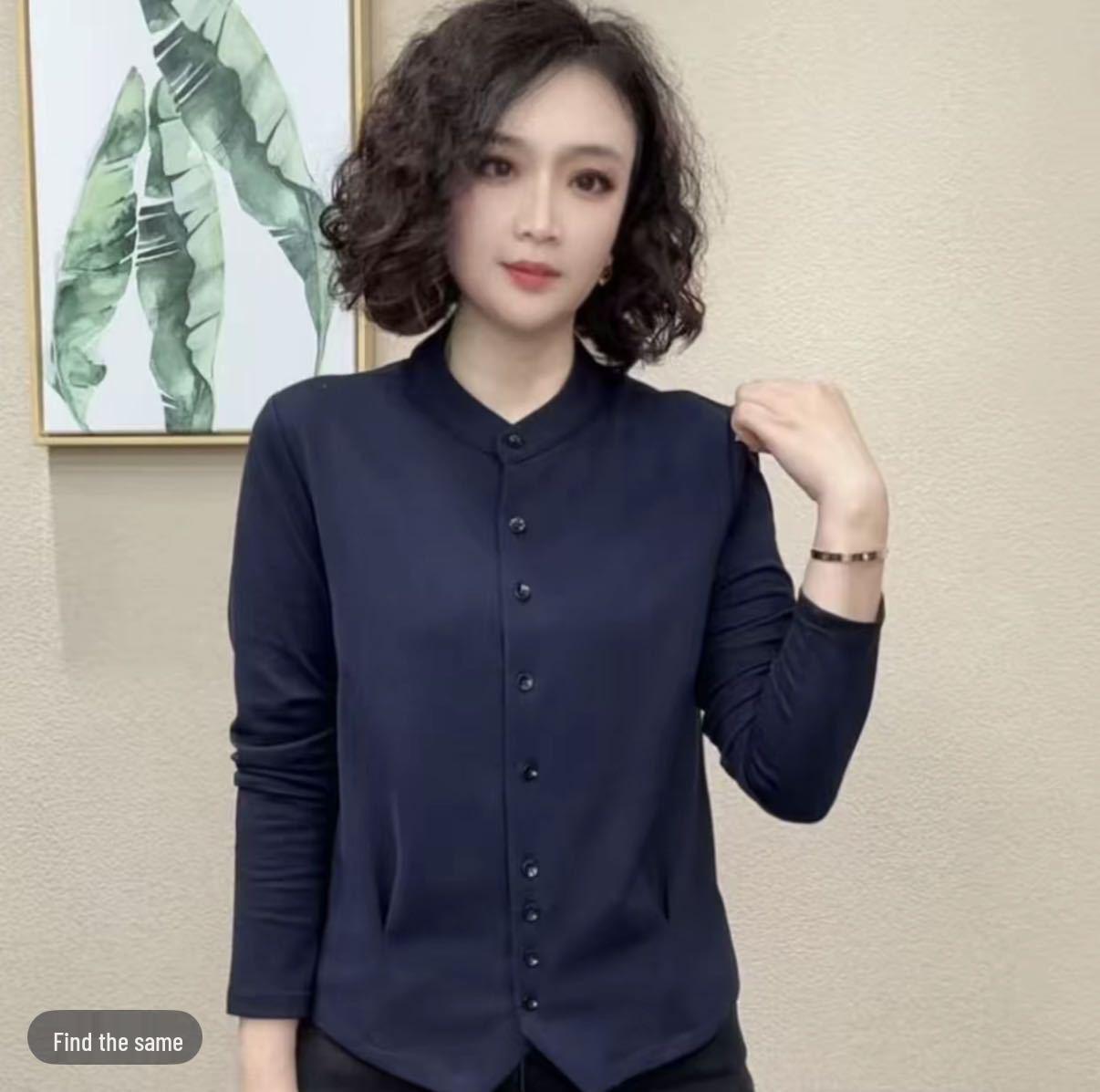 

Women s Spring Solid Color Long Sleeve Stand Collar Shirt - Stylish Age-Reducing Cardigan. 2XL fits 60-65 kg темно-синього кольору