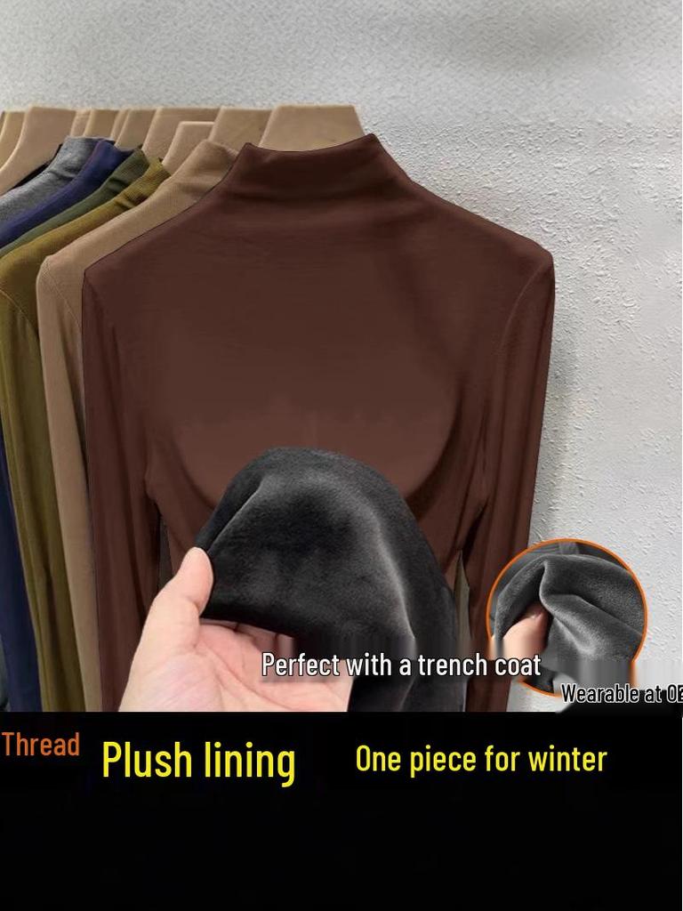 2024 Korean Style Warm Long-Sleeve Turtleneck Plus Velvet Women’s Base Layer Top