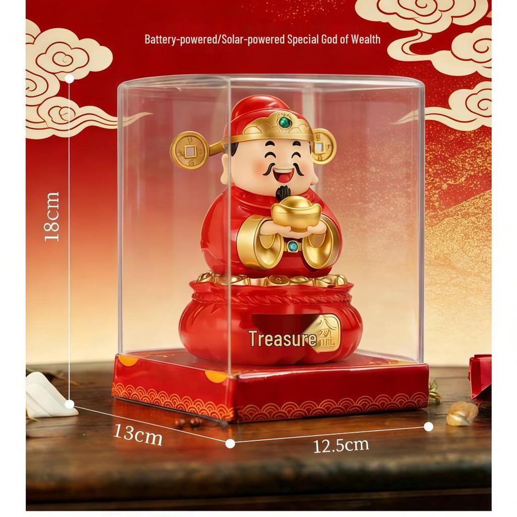 Solar-Powered God of Wealth Shaking Head Ornament - Creative Office Desktop Decoration for Wealth Attraction and Opening Ceremonies