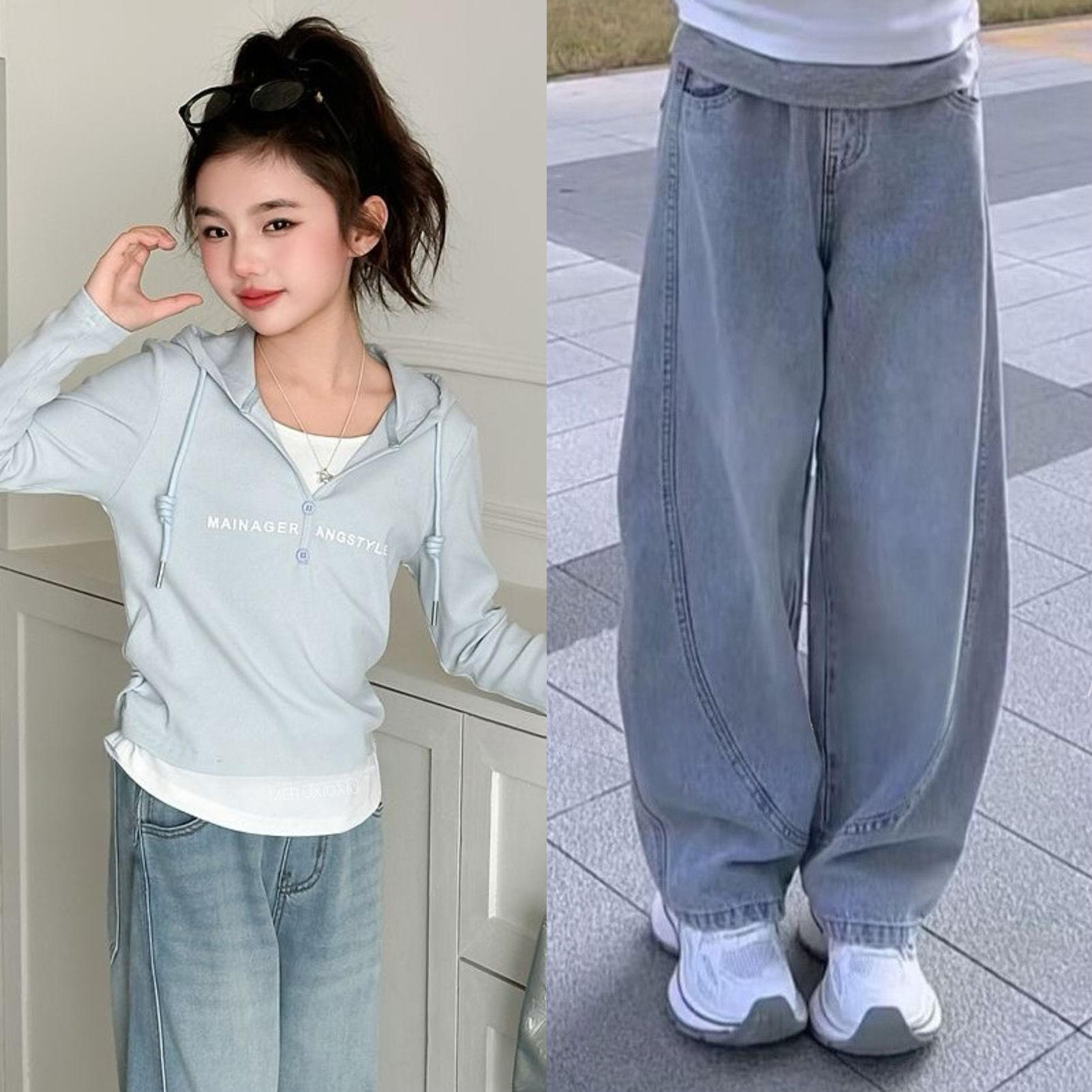 

Комплект из двух предметов для девочек, поддельная футболка, модный комплект из джинсовой ткани с изогнутыми штанами-ножами для весны и осени 170