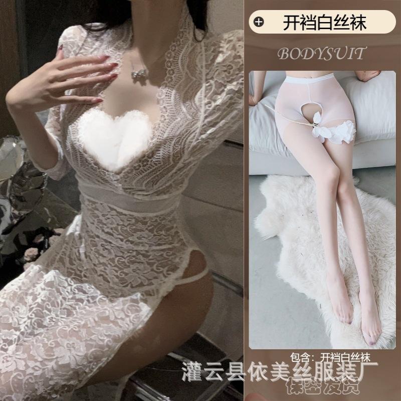 Sexy Sexy Female Lace Seduction Passion Perspective Suit Hot Side Split Hollow Uniform