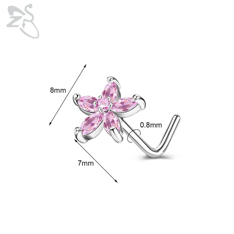 ZS 1 Piece Cute CZ Crystal Nose Stud L-Shape 20g Stainless Steel Nose Piercings Flower Moon Heart Shape Zircon Nostril Piercing