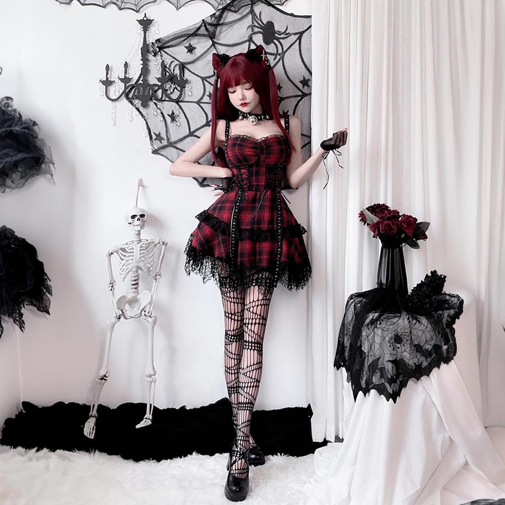 Halloween Cosplay Dress with Zipper Punk Red and Black [Milky Time] Pattern, Style, Lace, (Lace)