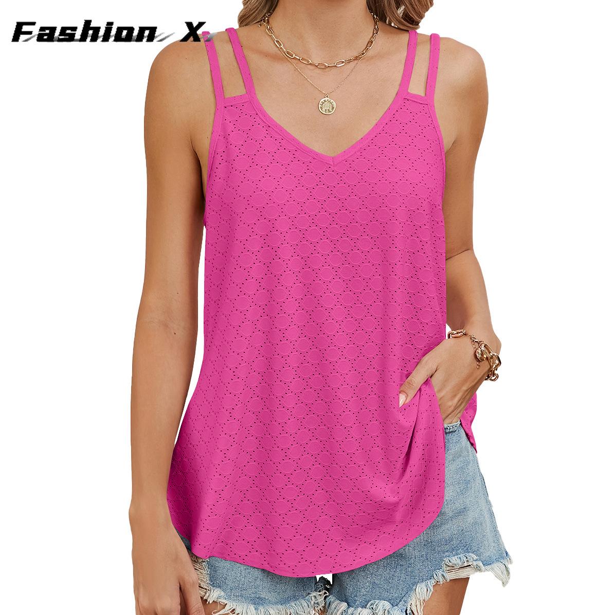 

2024 весна и лето, новый однотонный жилет с v-образным вырезом, свободная футболка, топ 2XL темно-розовый