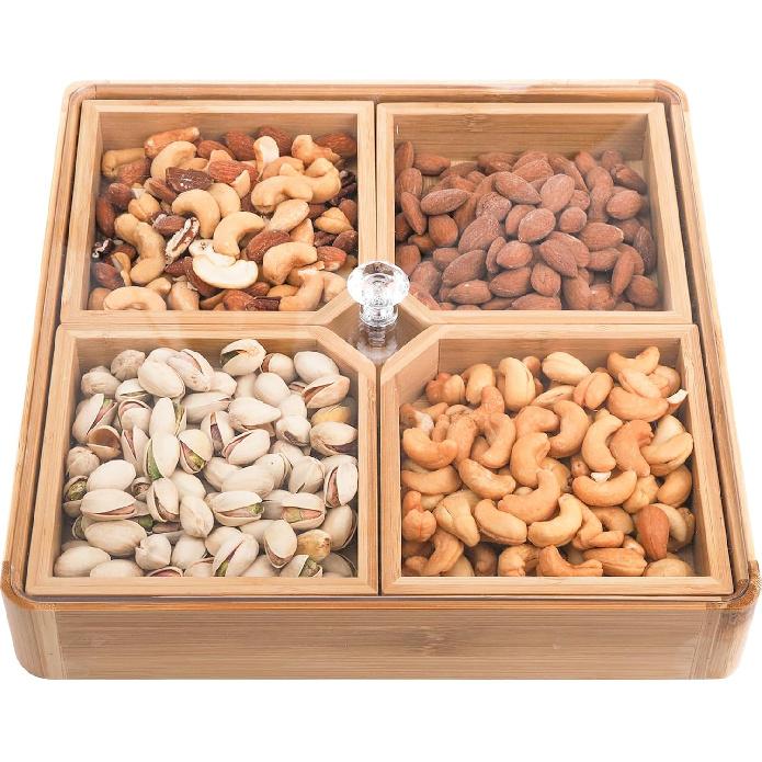 WUWEOT Bamboo Nut and Candy Serving Tray, Party Appetizer Platter Veggie Dish, Candy Bowl with Acrylic Lid & Removable Dividers for Party, Taco Dip