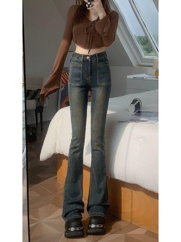 Retro Cement Gray High-Waist Flared Stretch Jeans - 2024 Winter Collection