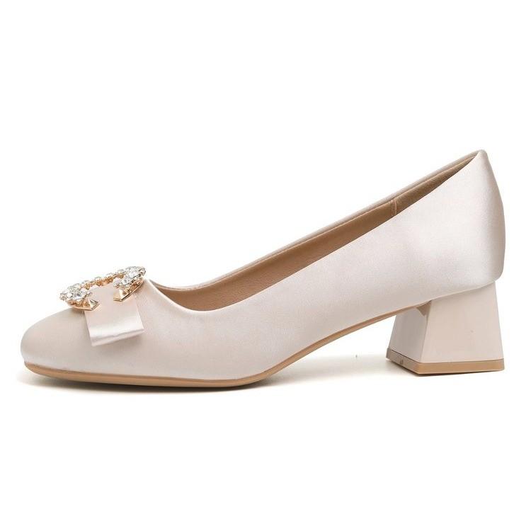 Fashion French Gentle Style with Skirt, Thick Heel, Shallow Opening Single Shoes, Spring and Autumn New Bow Square Toe High Heels